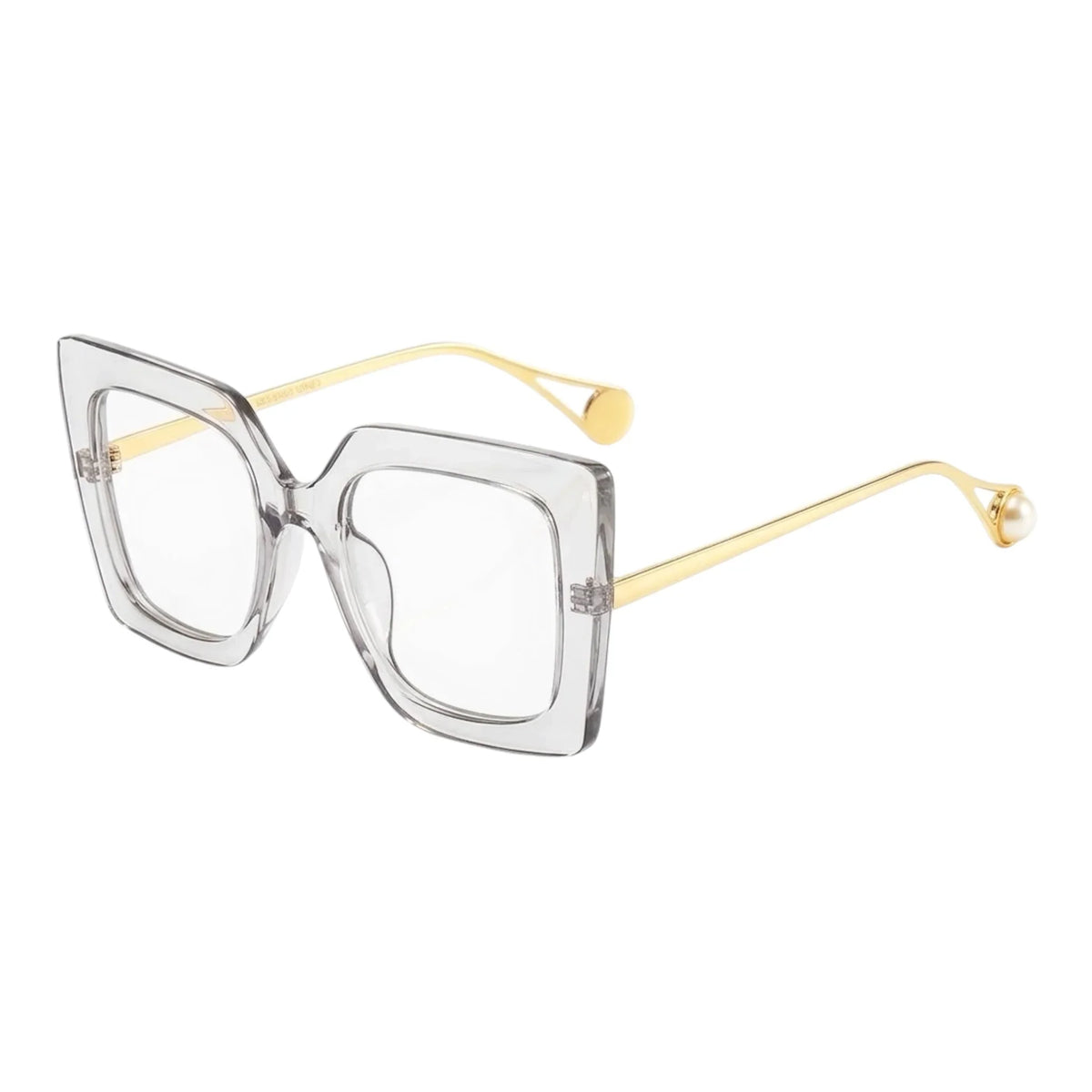 The Vision Junkie Wendy oversized grey square frames with gold temples and pearl tips