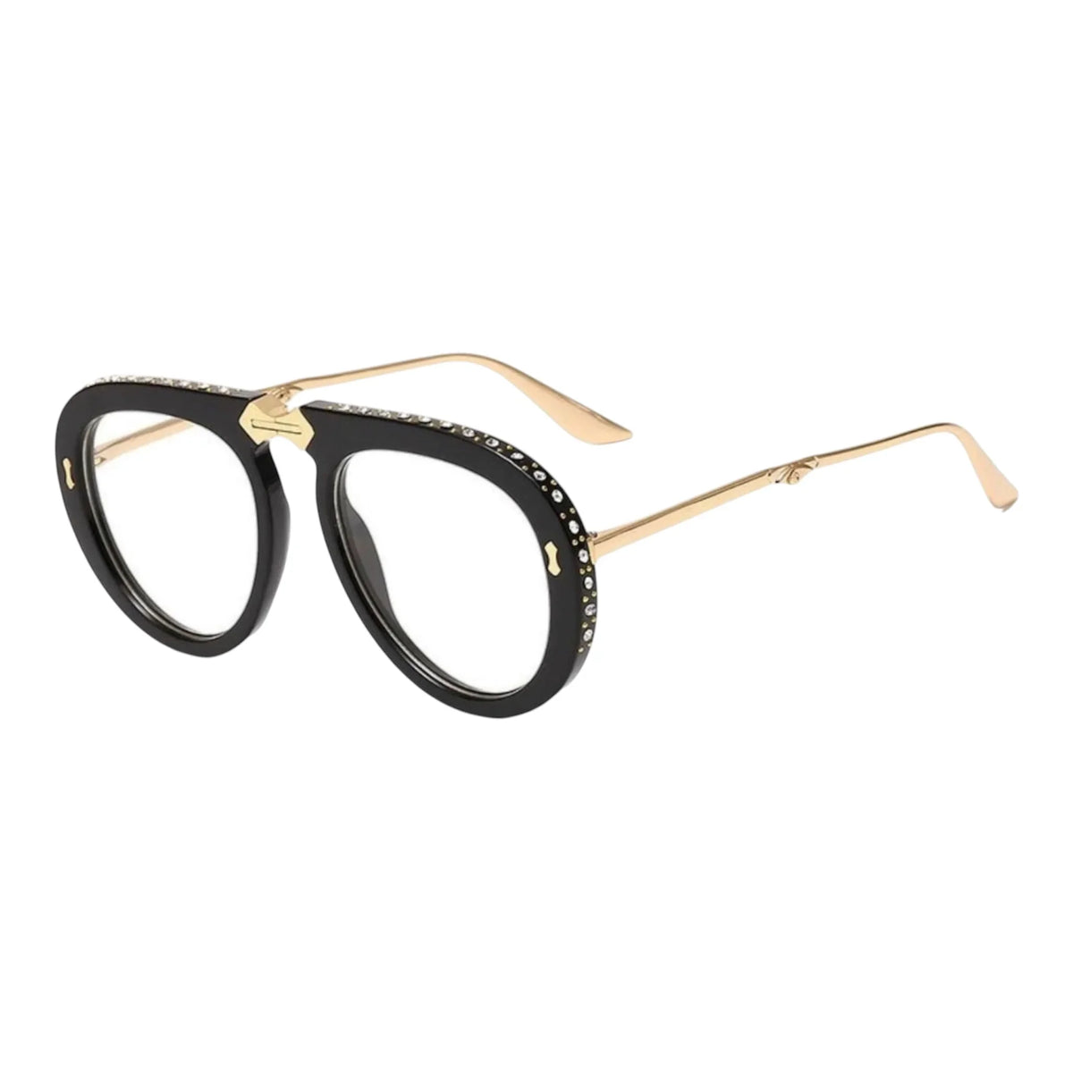 The Vision Junkie Sammie black oversized eyewear frames with gold temples and crystal accents.