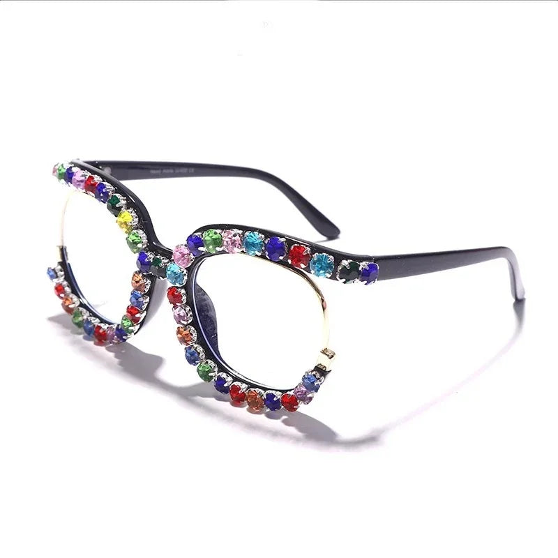 The Vision Junkie Hope glasses featuring black frames adorned with multicolored rhinestones.