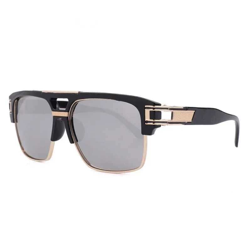 The Vision Junkie Kei sunglasses featuring black frames with gold accents and grey lenses.