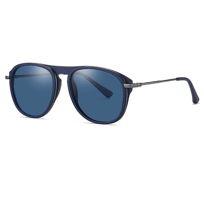 The Vision Junkie August navy blue round sunglasses with silver metal temples.