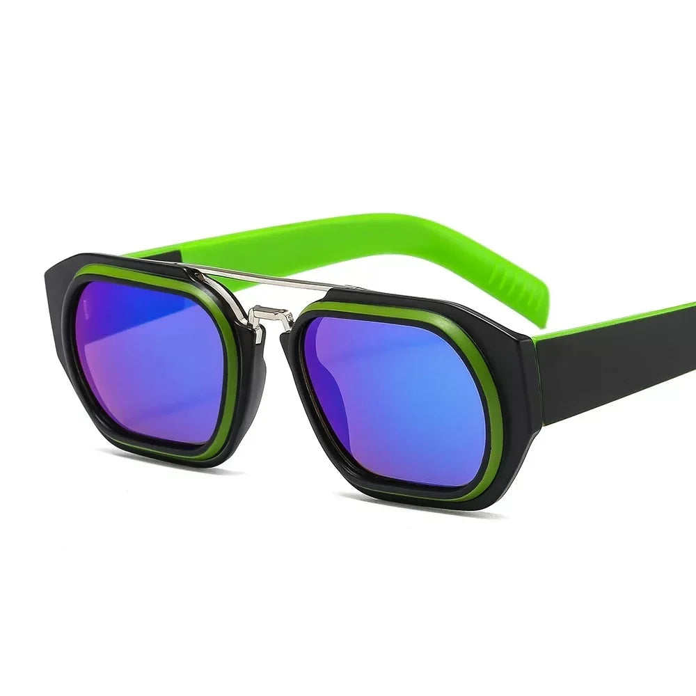 Cosmo sunglasses by The Vision Junkie featuring black frames with neon green accents and blue lenses