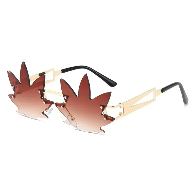The Vision Junkie Haze leaf-shaped rimless sunglasses with gold metal temples.
