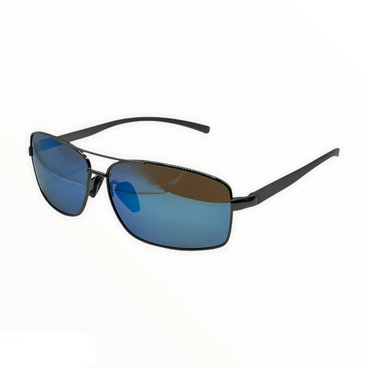 The Vision Junkie Max sunglasses with black frames and blue mirrored lenses.