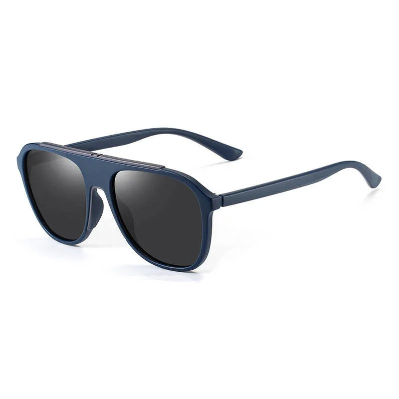 The Vision Junkie Justice navy blue square sunglasses with dark tinted lenses.