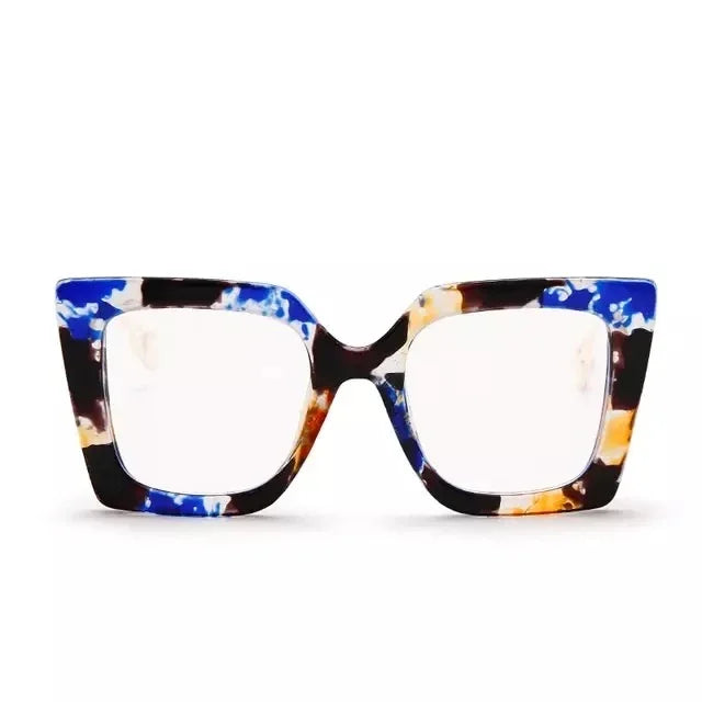 Fleur oversized square eyeglasses with blue and tortoiseshell patterned frames by The Vision Junkie