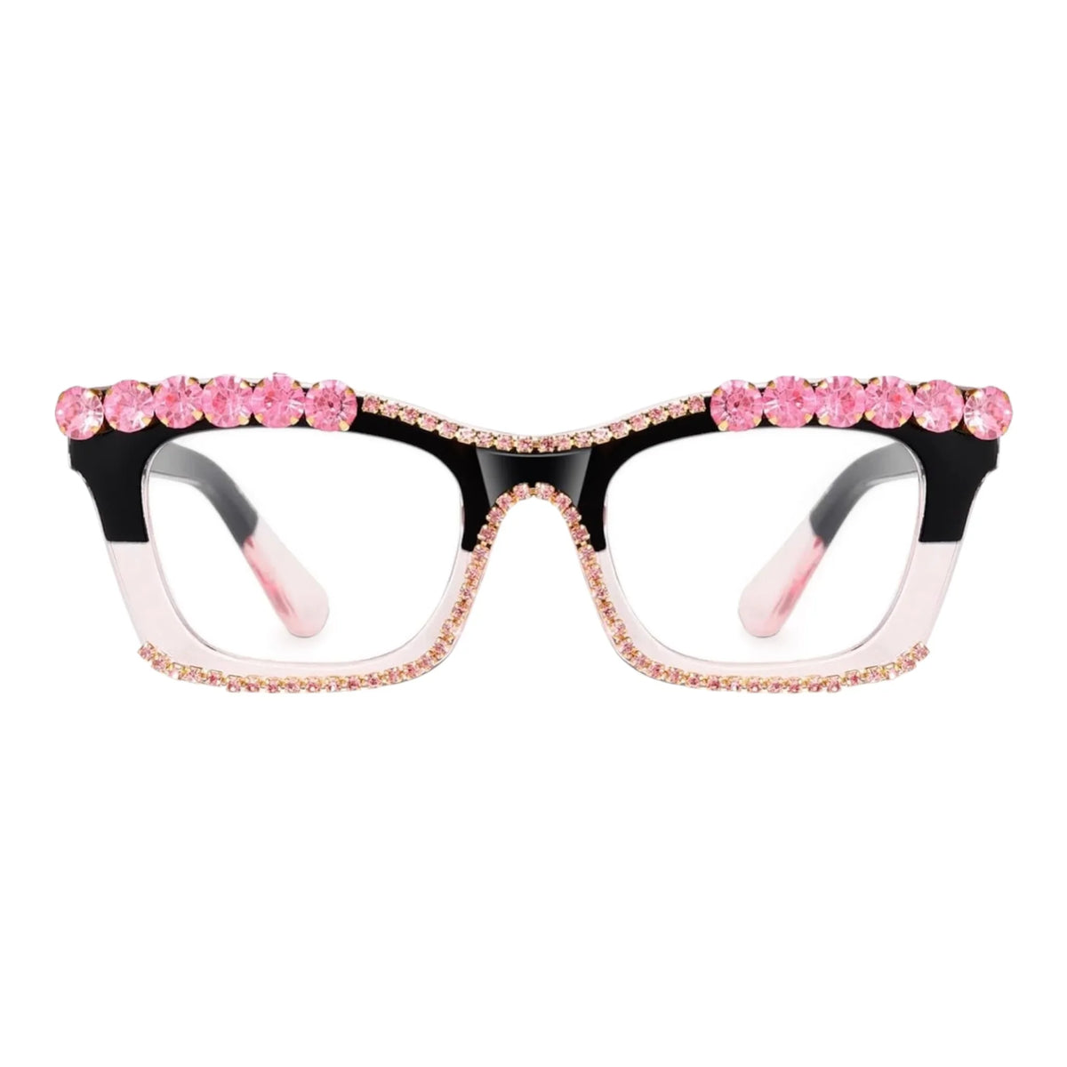 Angela glasses by The Vision Junkie featuring pink rhinestone embellished black and pink frames