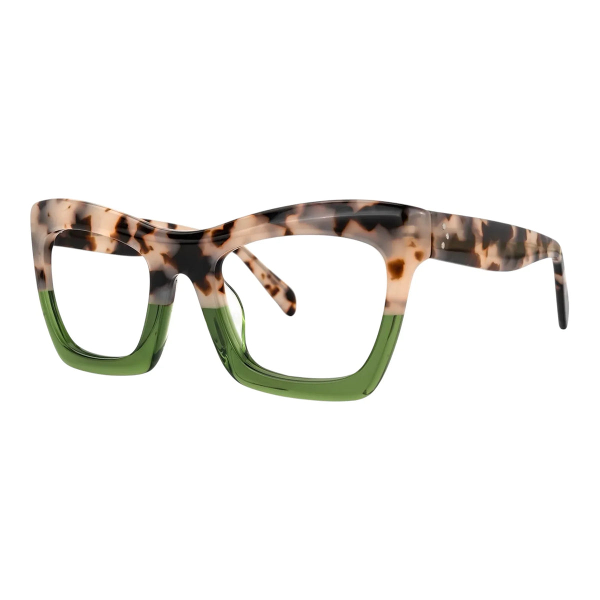The Vision Junkie Leila eyewear with brown tortoise top and olive green bottom frames