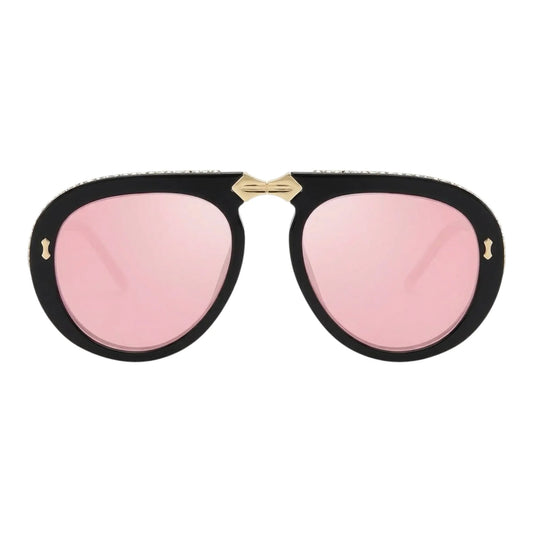The Vision Junkie London sunglasses with black frames and pink tinted lenses.