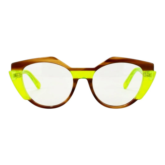 The Vision Junkie Lyra eyeglasses with brown tortoiseshell frames and neon yellow accents.