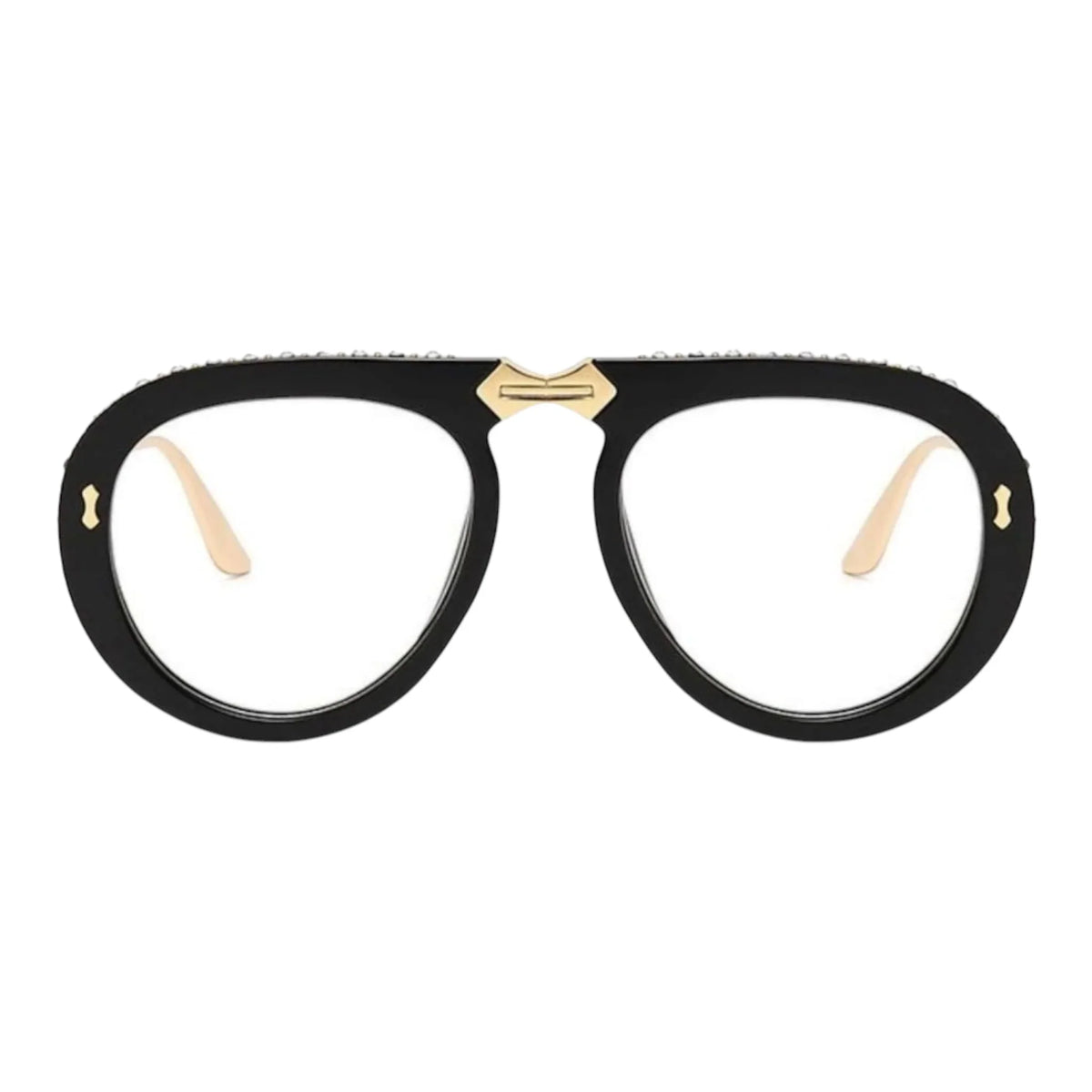 Sammie black oversized eyewear frames by The Vision Junkie with gold accents.