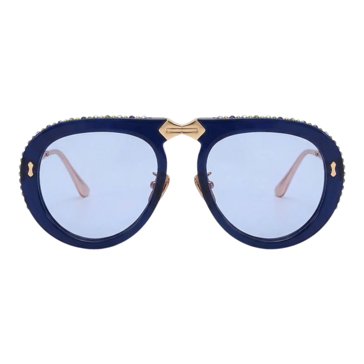 The Vision Junkie London oversized navy blue sunglasses with gold hardware and crystal accents
