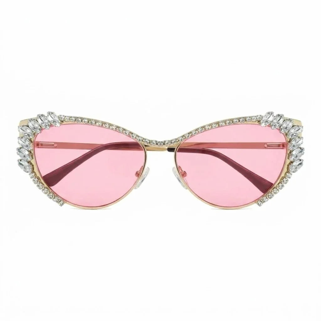 Nene pink tinted cat-eye sunglasses with gold frames and crystal embellishments by The Vision Junkie