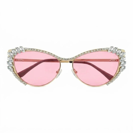 Nene pink tinted cat-eye sunglasses with gold frames and crystal embellishments by The Vision Junkie