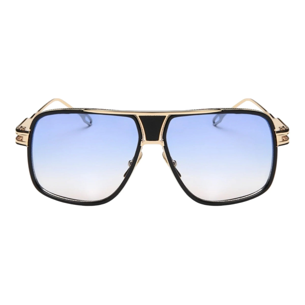The Vision Junkie Ray oversized aviator sunglasses with gold frames and blue gradient lenses.