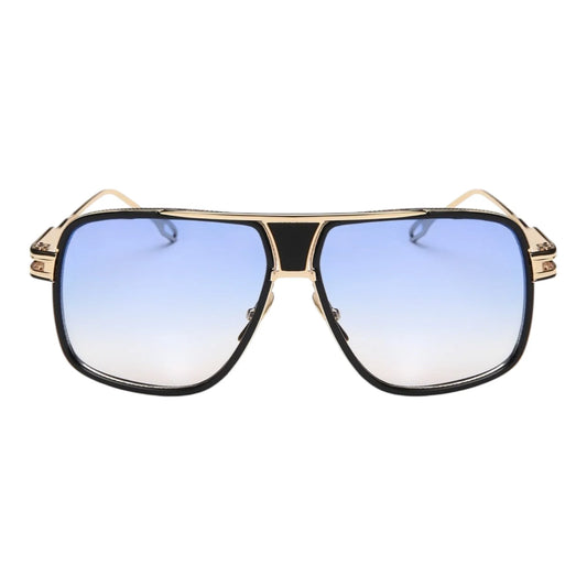 The Vision Junkie Ray oversized aviator sunglasses with gold frames and blue gradient lenses.