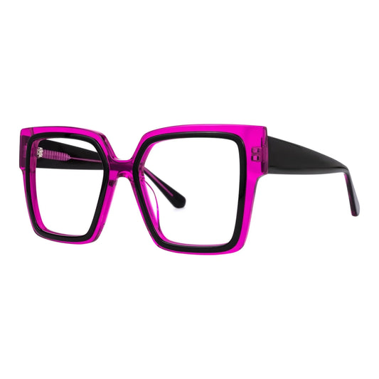 The Vision Junkie Nia square eyewear frames in vibrant magenta and black