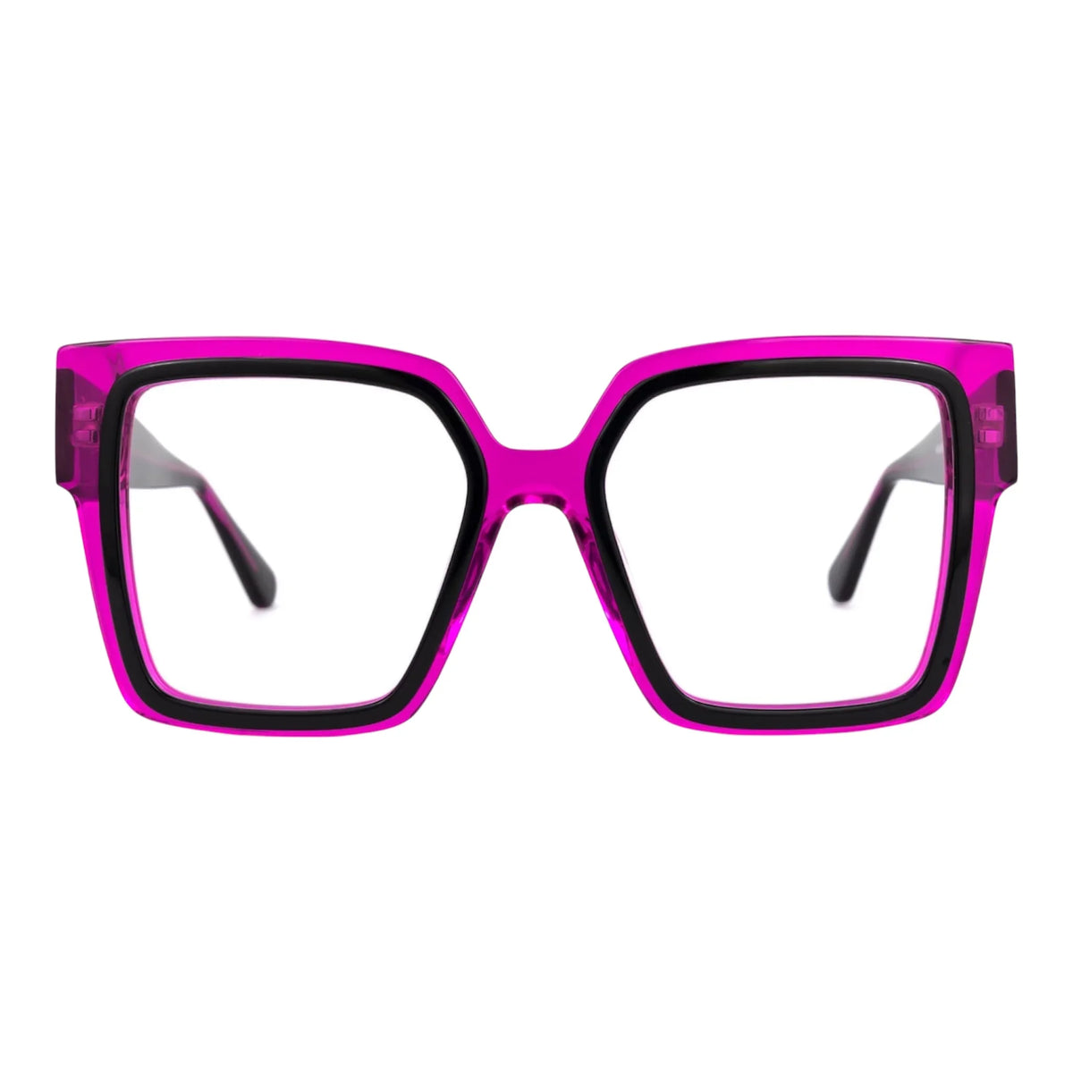 The Vision Junkie Nia square frames in bright pink with black inner rims