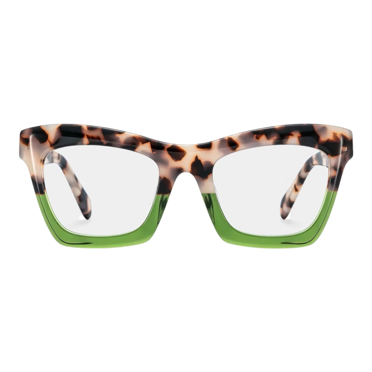 Leila cat-eye glasses with tortoiseshell upper frames and green lower rims by The Vision Junkie