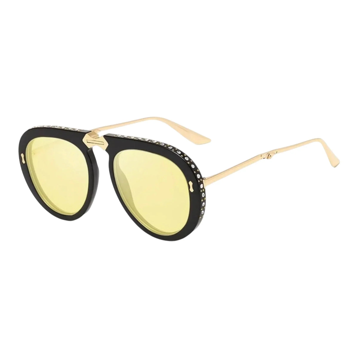 London oversized black sunglasses with yellow lenses and gold temples by The Vision Junkie