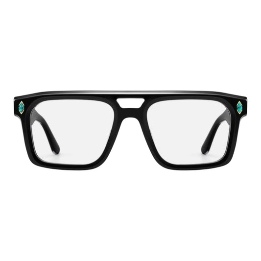 The Vision Junkie Jace black square-frame eyeglasses with teal diamond accents.
