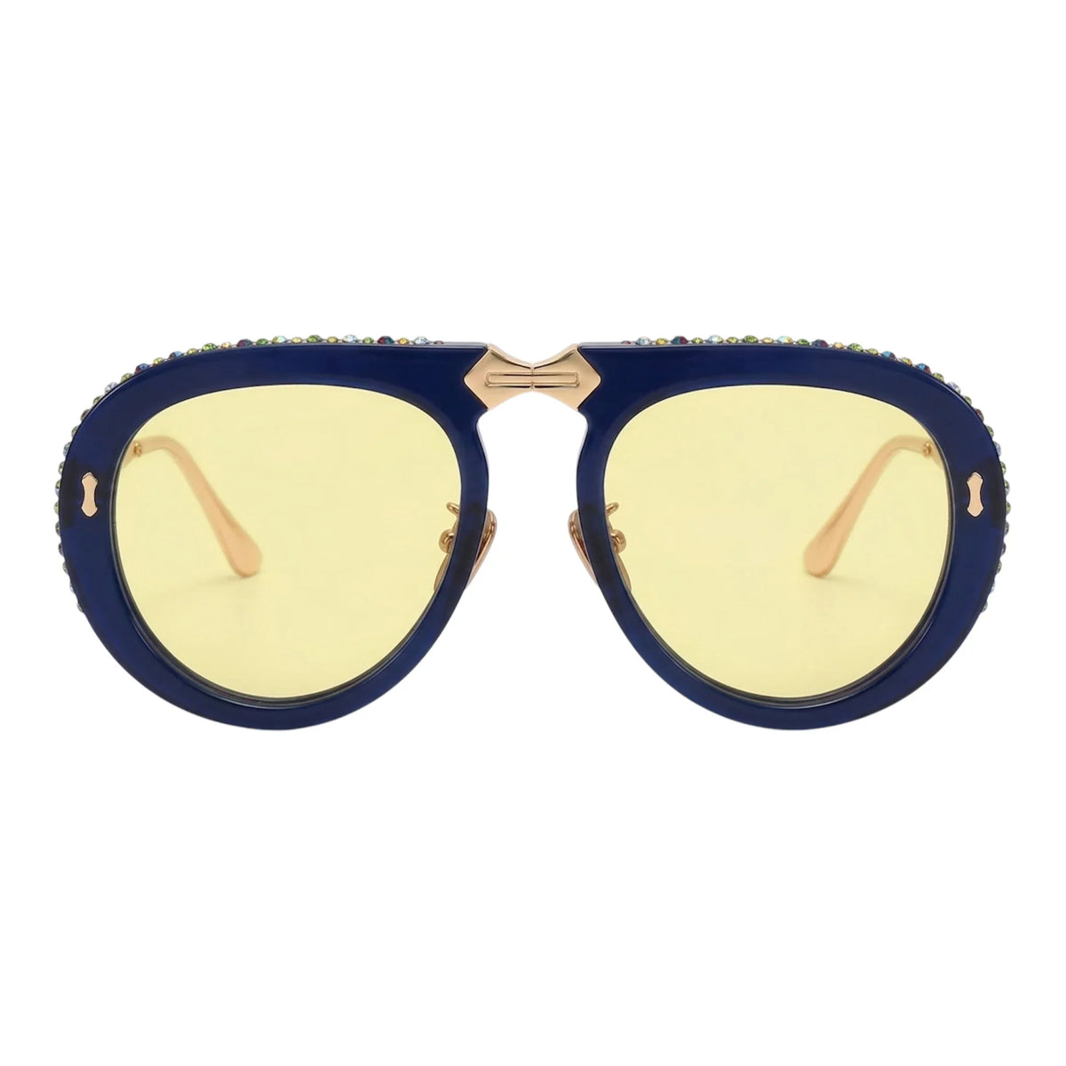 London blue oversized sunglasses with yellow lenses and rhinestone embellishments by The Vision Junkie