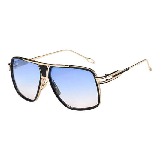 Ray oversized square sunglasses with gold frames and blue gradient lenses by The Vision Junkie