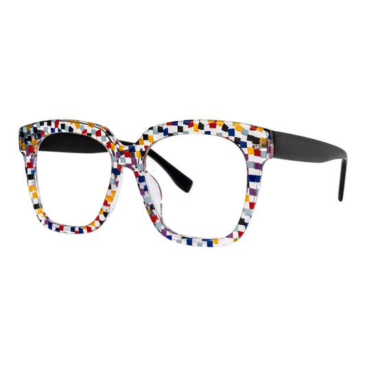 The Vision Junkie Tess multi-colored mosaic pattern eyeglasses with black temples