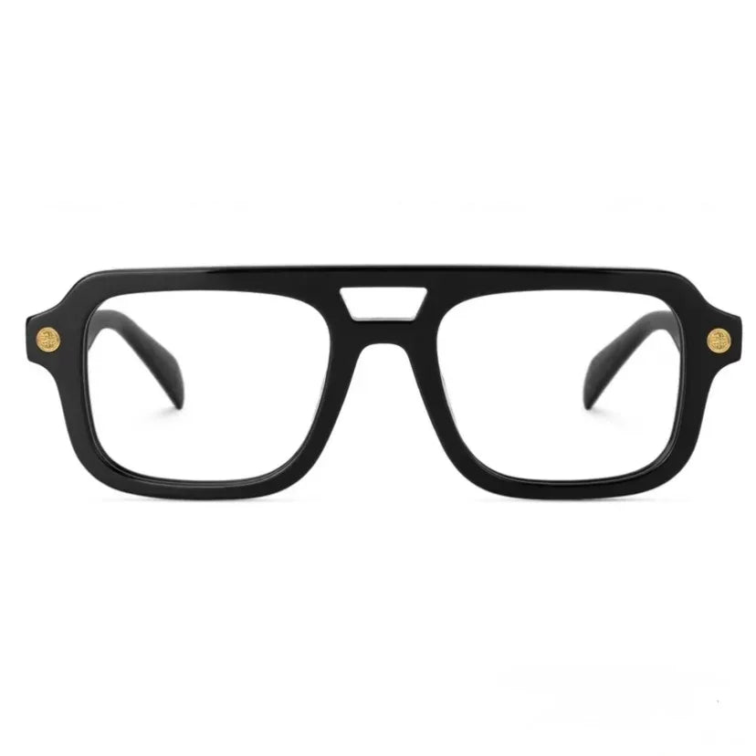 Black Jude frames by The Vision Junkie featuring a thick rectangular shape and gold accents.